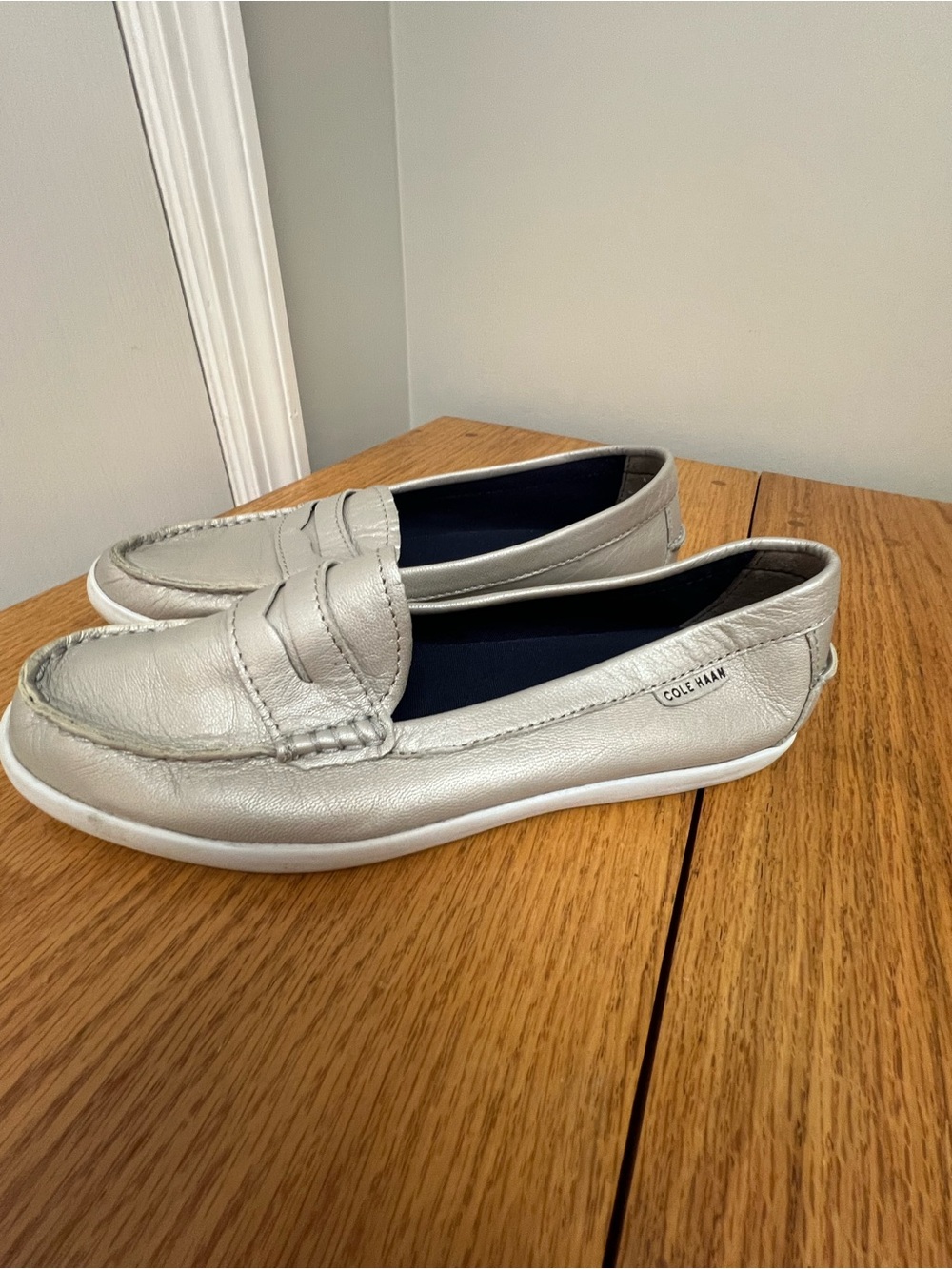 Women's Cole Haan Zero Grand Silver Leather Loafers--Size 6.5